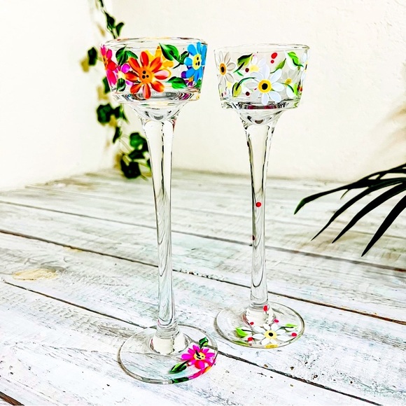 Hand Crafted Accents 2 Long Stem Tea Light Candle Holders Glass